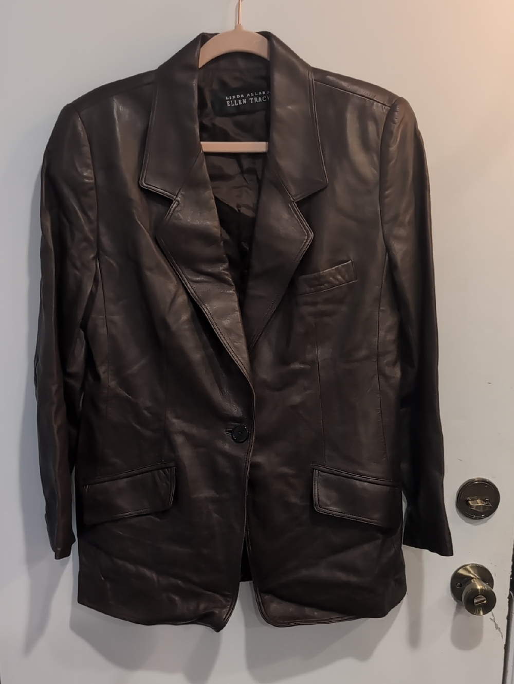 Linda Allard Ellen Tracy Dark Brown 100% Leather Blazer Jacket